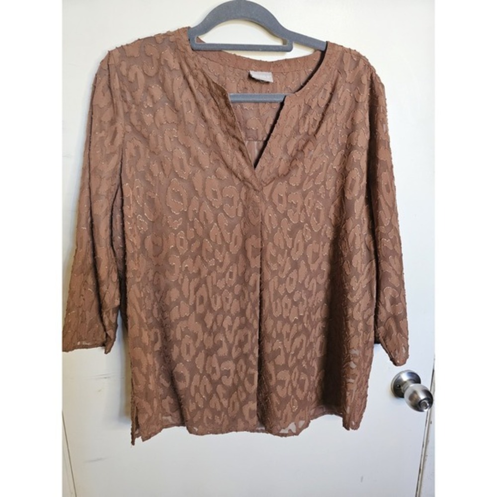 Chico's Brown Burnout Animal Leopard Print‎ Metallic 3/4 Sleeve Blouse Top